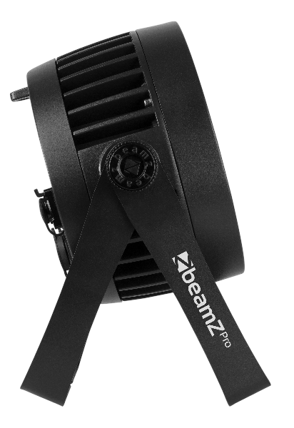 Zijaanzicht van de BeamZ Pro BWA532 LED PAR met zwarte behuizing, ventilatieopeningen en dubbele montagebeugel.