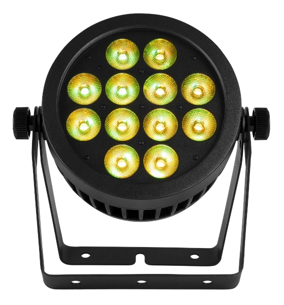 Vooraanzicht van de BeamZ Pro BWA532 LED PAR met twaalf geel oplichtende LEDs in een zwarte behuizing.