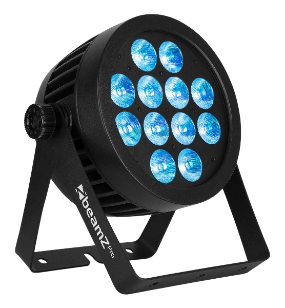 BeamZ Pro BWA532 LED PAR podiumspot met twaalf blauw verlichte LEDs en verstelbare montagebeugel.