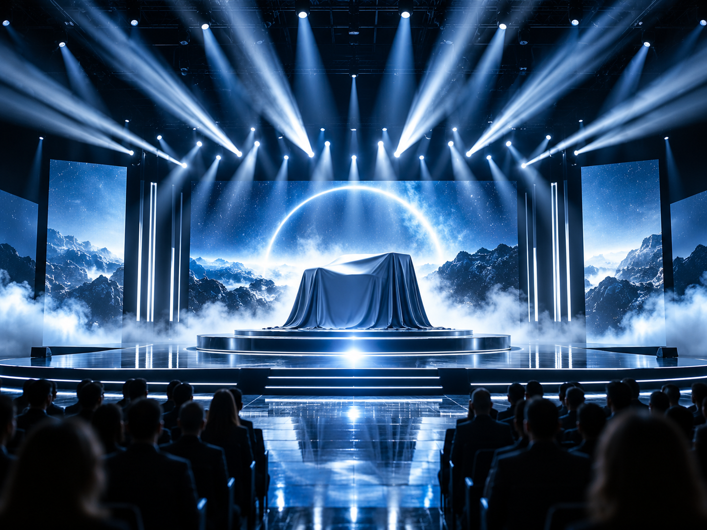 Spectaculaire productlancering met blauwe en witte lichtbundels, LED-schermen en een centraal podium voor de onthulling van een nieuw product.