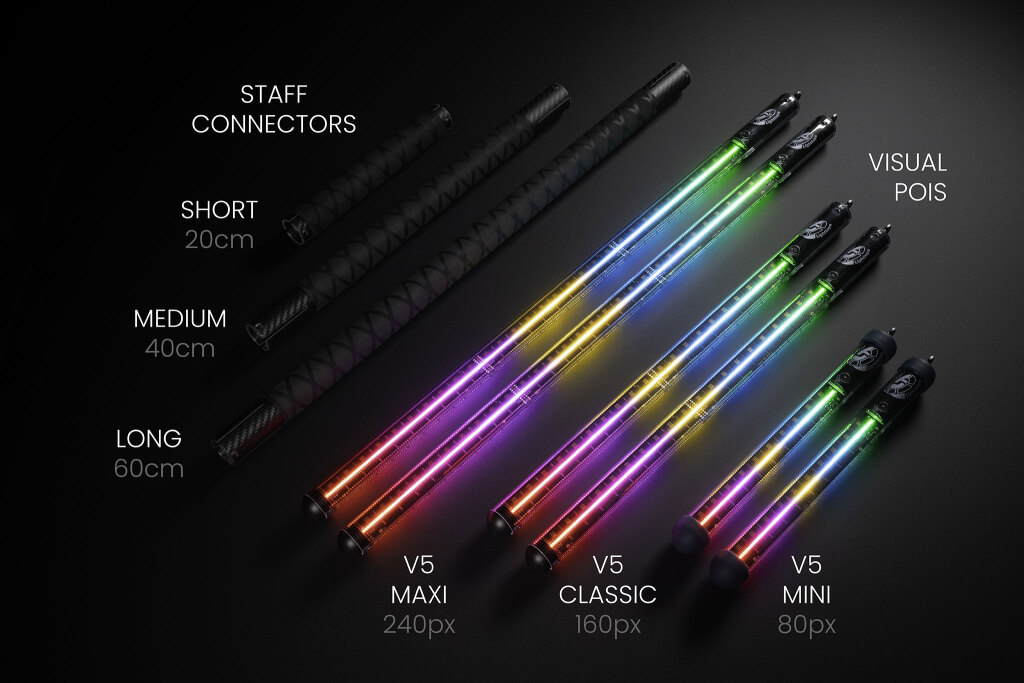 Overzicht van Visual Poi LED-modellen met programmeerbare lichtkleuren voor lichtshows.