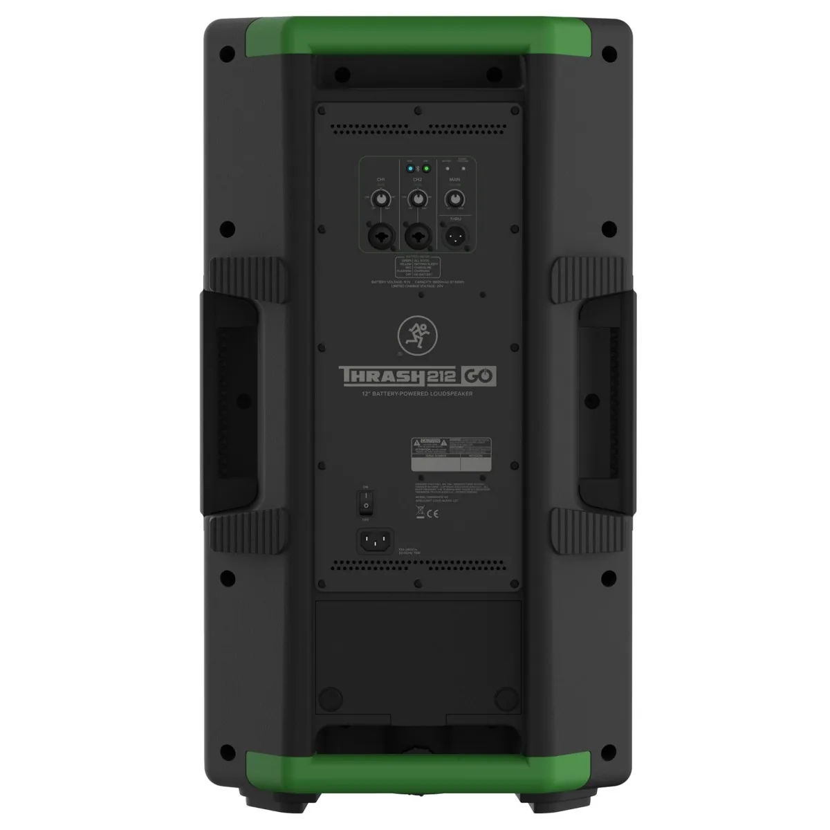 Achterzijde van de Mackie Thump212 GO speaker met audiomixer, XLR-aansluitingen, bedieningsknoppen en accuvak.