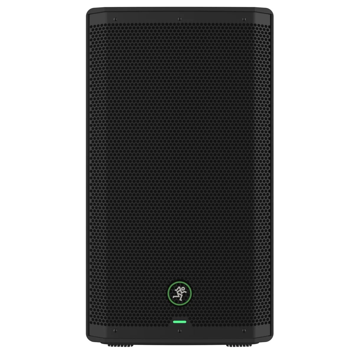Vooraanzicht van de Mackie Thump212 GO actieve PA speaker met zwarte metalen grille en groen Mackie-logo.
