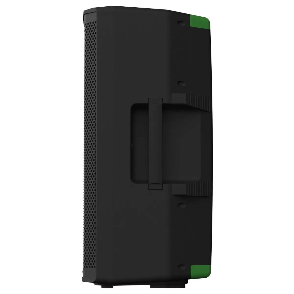 Zijaanzicht van de Mackie Thump212 GO 12 inch actieve accuspeaker met draaggreep en zwarte behuizing.