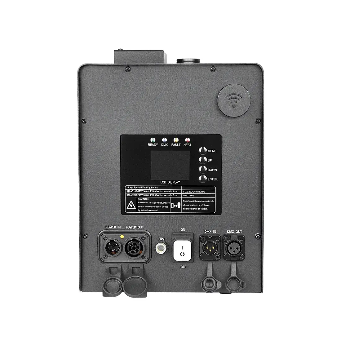 Achterpaneel van Spark Master vonkenmachine met LCD-display, DMX-ingang, DMX-uitgang en stroomaansluitingen.