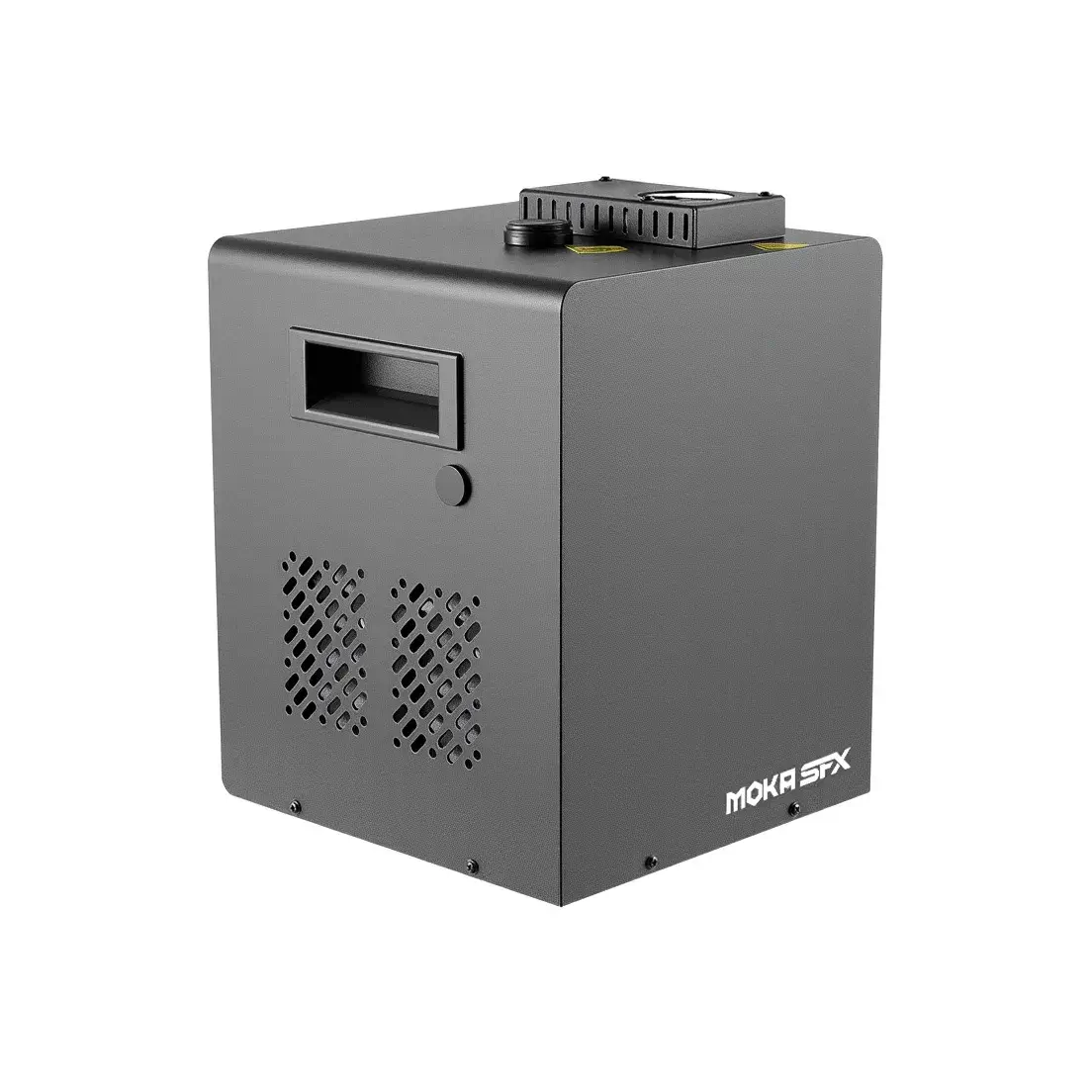 Zijaanzicht van zwarte MOKA SFX Spark Master vonkenmachine met ventilatieopeningen en draaggreep.