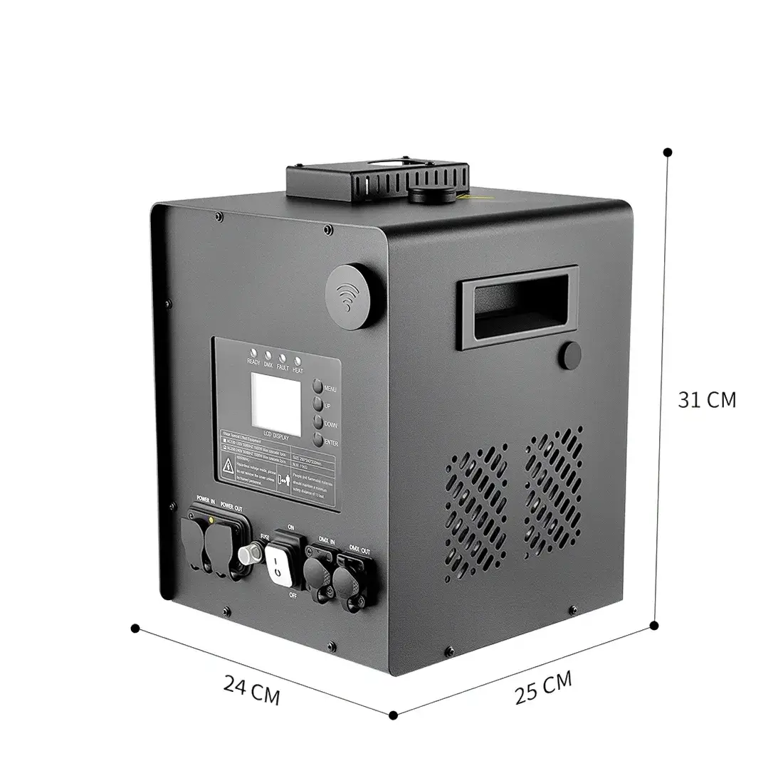 Spark Master vonkenmachine met bedieningspaneel en afmetingen van 24 × 25 × 31 cm.